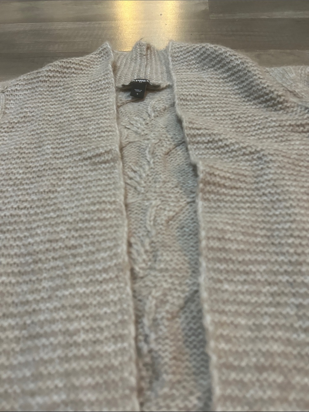 Express Women’s Cardigan Long Length Open Front Cable Knit Taupe Size Small - Picture 7 of 11